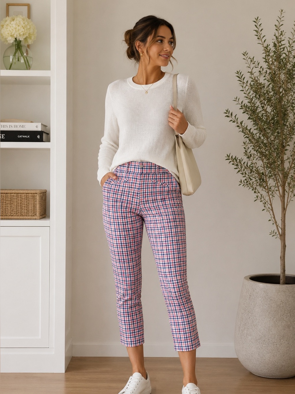 GAP Plaid Cropped Pants in Pink and Blue